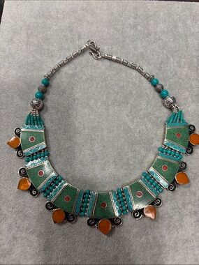 Turquoise and Orange Statement Bib Necklace - Women Jewelry